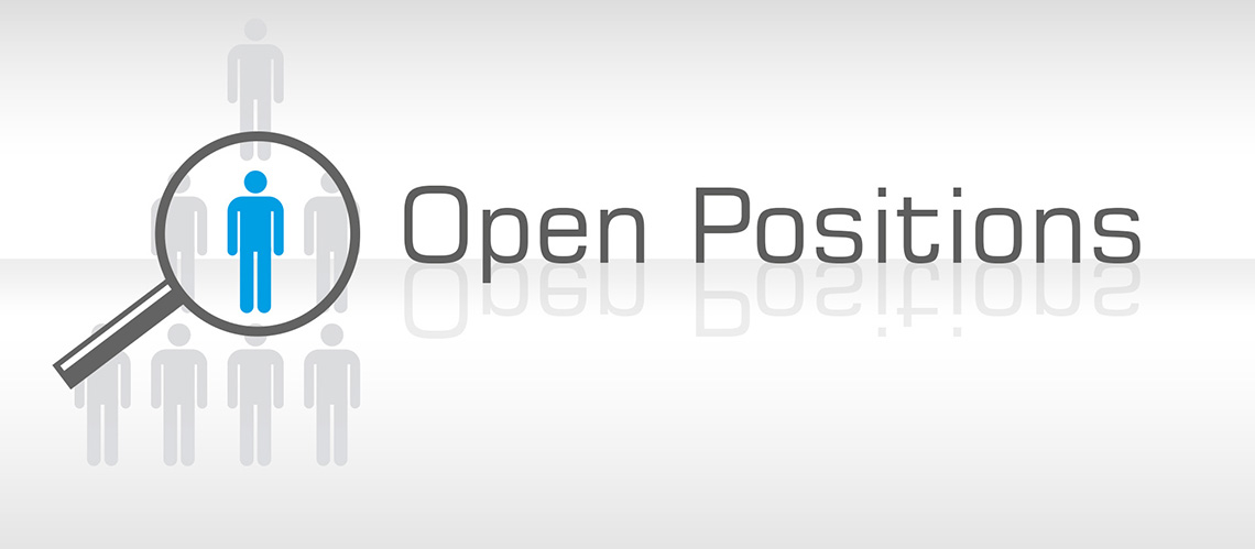 person icon, magnifying glass,  group of seven grey and one blue person icon, a magnifying glass is infront of the blue person icon, reflectig font saying "Open Positions", white grey background