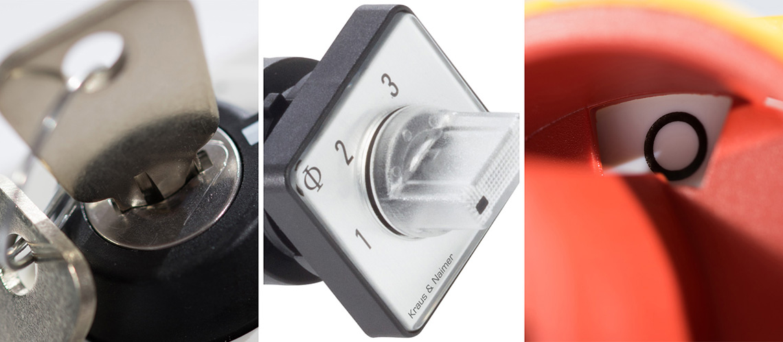 Picture series of three pictures (close up picture of a key operator,  switch with a indicator handle, close up of a mainswitch in zero position)(header picture, Kraus an Naimer, K&N)